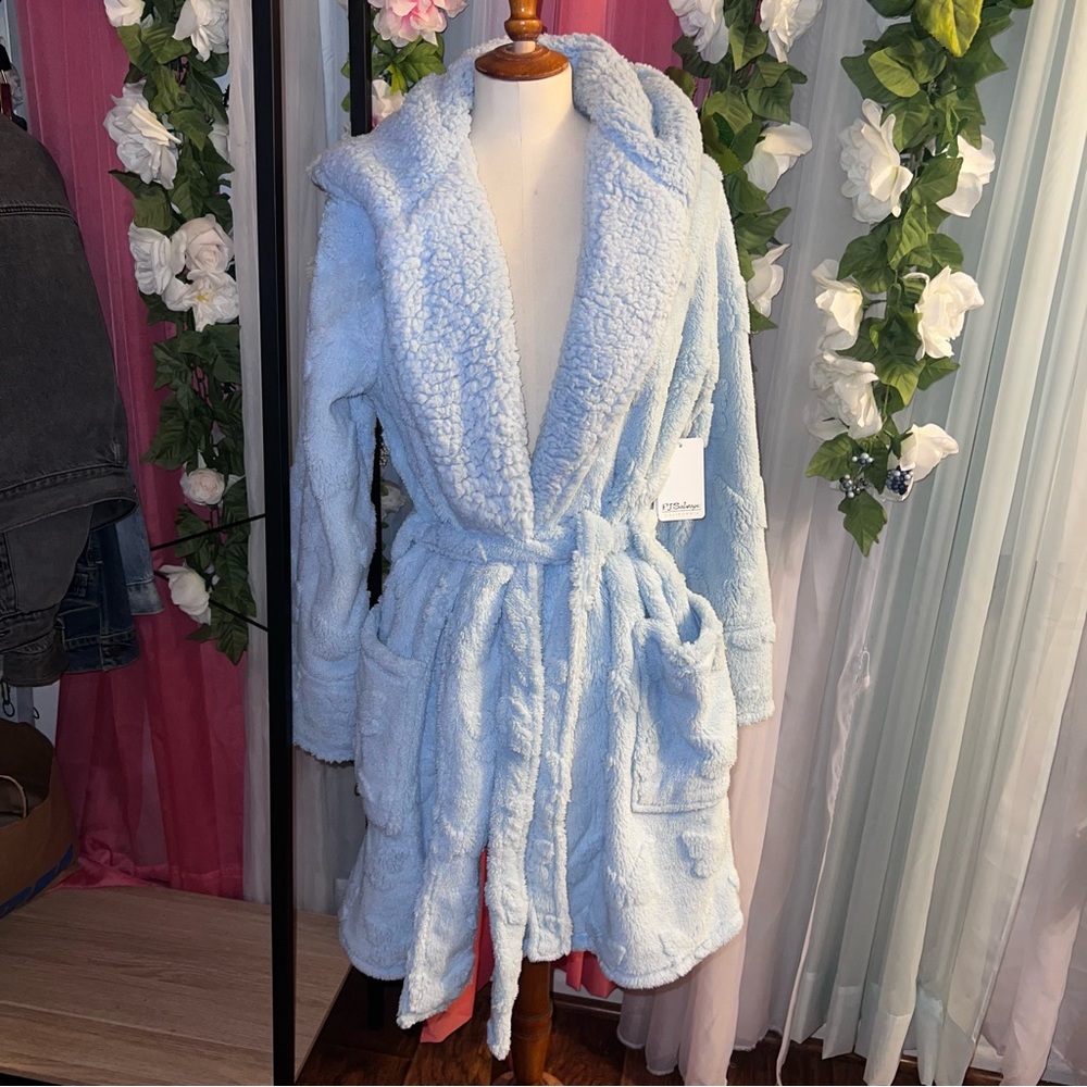 P.J. Salvage Cozy Plush Fleece Butterfly Iceblu Hooded Robe